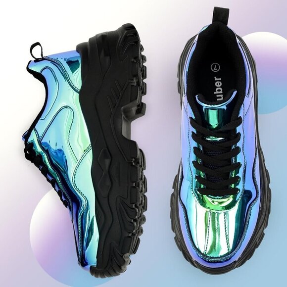 Niluber Tennis Shoes Women Size (6-8) Blue Hologram KPU Chunky Sneakers . - Picture 2 of 7